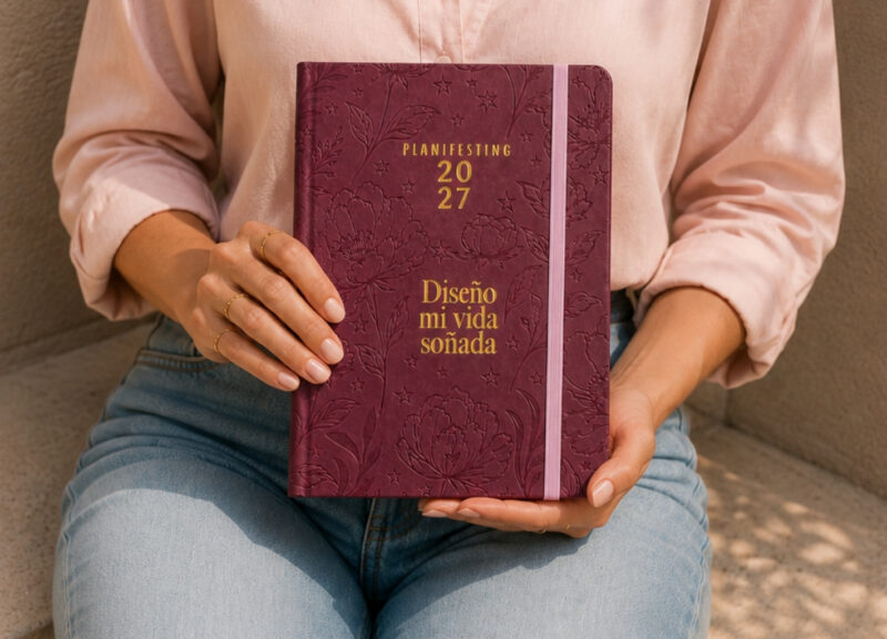 Mujer sosteniendo agenda libro 2027 Planiffesting