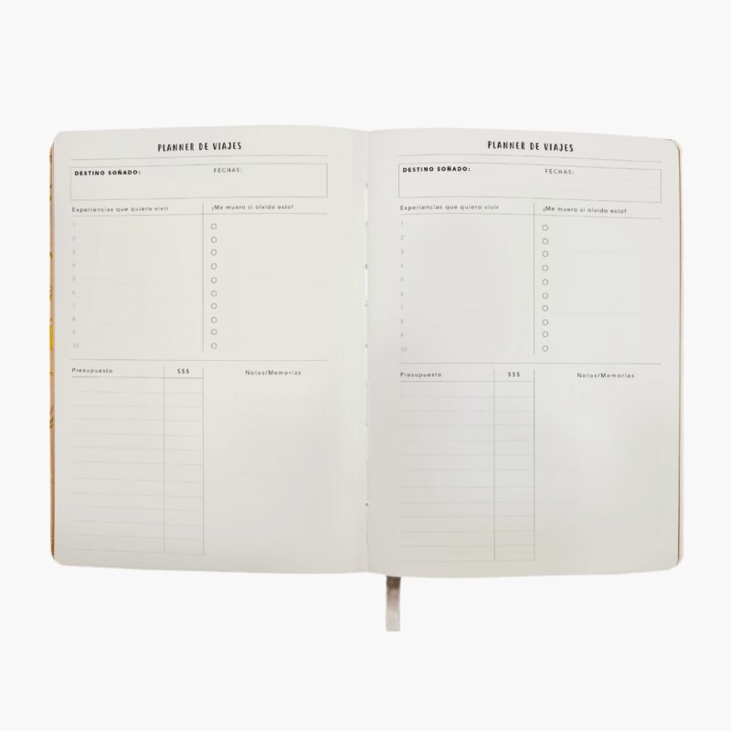 Página interior del planner de viajes de la agenda Planifesting 2026, con secciones para destino soñado, fechas, experiencias por vivir, lista de imprescindibles, presupuesto y notas o memorias.