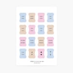 planilla de separadores de stickers OREM con pestañas de meses Enero a Diciembre, Notas e íconos, en azul, beige y rosa