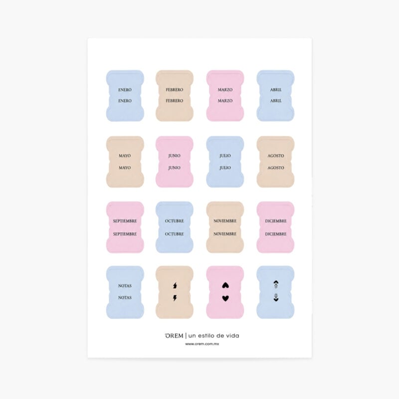 planilla de separadores de stickers OREM con pestañas de meses Enero a Diciembre, Notas e íconos, en azul, beige y rosa
