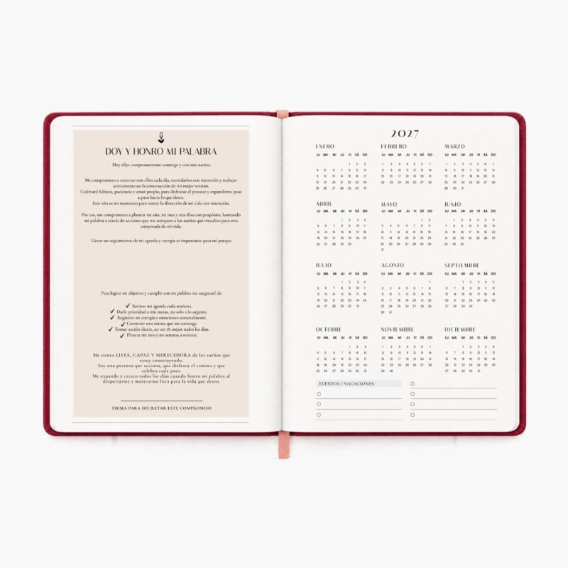 agenda Planifesting 2027 página Doy y honro mi palabra y calendario anual 2027 vista de todo el año