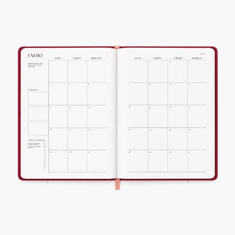 agenda Planifesting 2027 vista mensual de Enero 2027 con intención del mes, prioridades y check-in mensual
