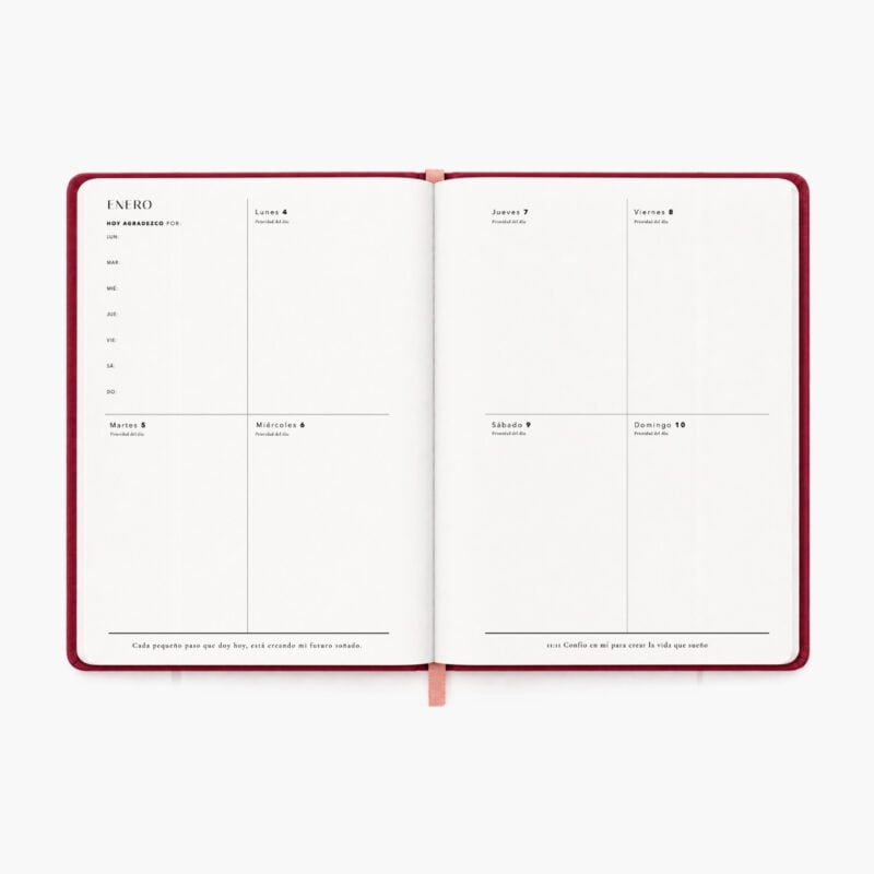 agenda Planifesting 2027 vista semanal de Enero con espacio de gratitud y prioridad del día, lunes a domingo