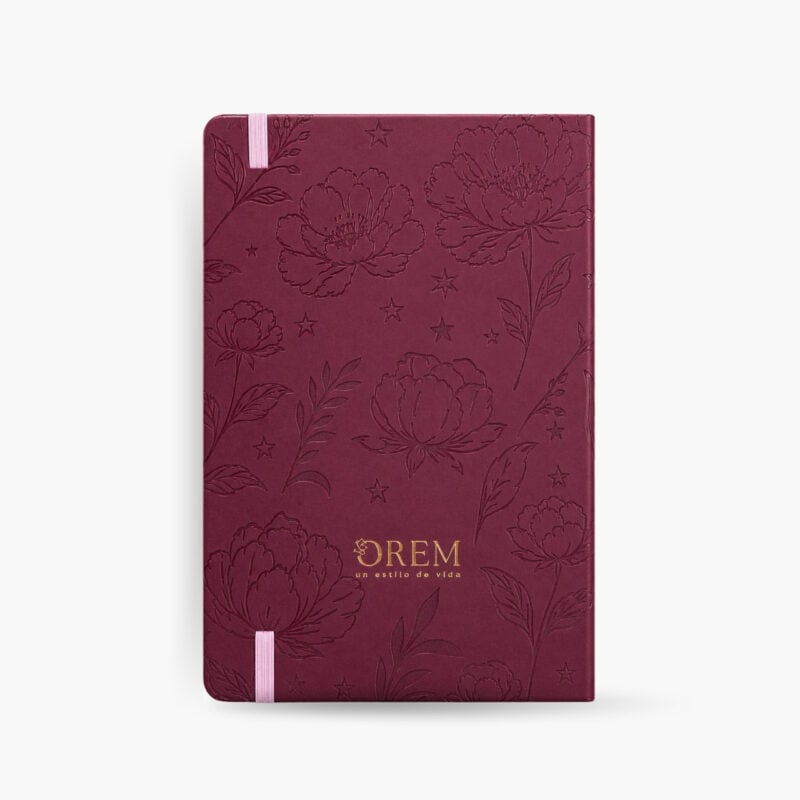 contraportada Borgoña agenda de piel Planifesting 2027 con flores en relieve y logo OREM un estilo de vida
