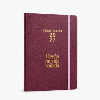 agenda de piel Planifesting 2027 Borgoña "Diseño mi vida soñada" de tres cuartos con elástico lila