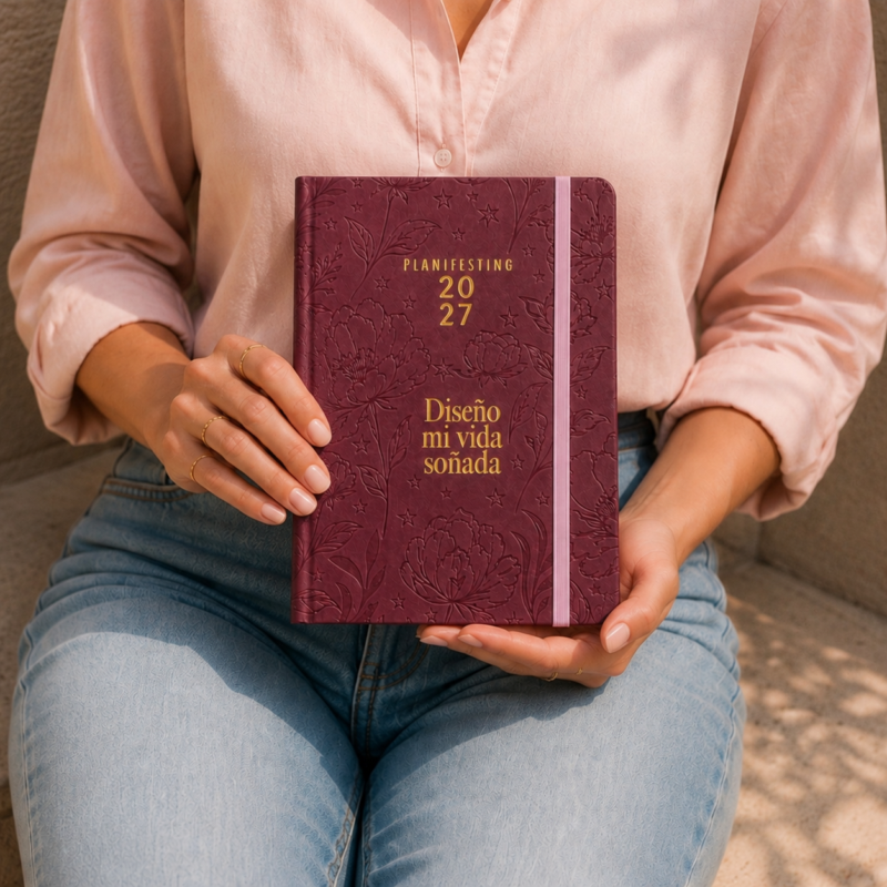 mujer sosteniendo agenda de piel Planifesting 2027 Borgoña "Diseño mi vida soñada", blusa rosa satinada