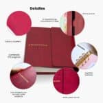 Agenda Planifesting 2027 OREM tipo carpeta en piel sintética color rojo con argollas doradas, porta pluma y cierre imán”