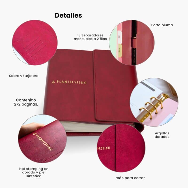 Agenda Planifesting 2027 OREM tipo carpeta en piel sintética color rojo con argollas doradas, porta pluma y cierre imán”