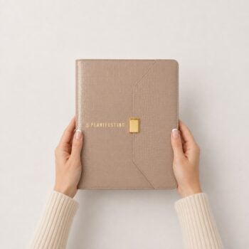 agenda de carpeta Planifesting 2027 beige croco sostenida entre las manos, broche dorado Planifesting