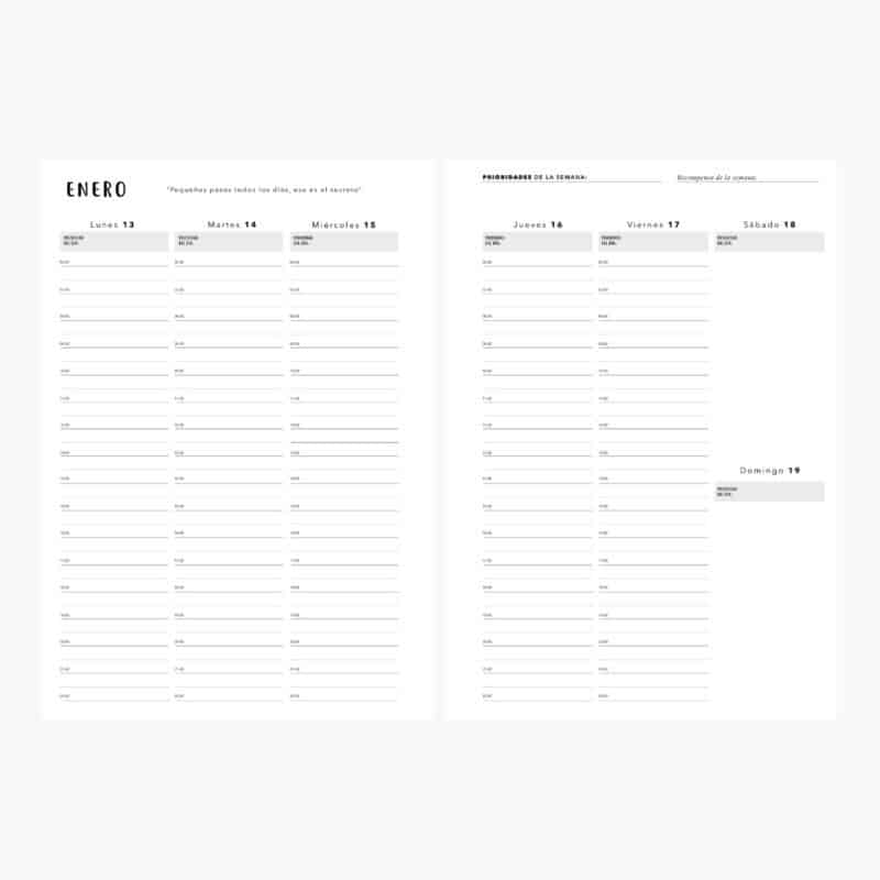 Interior de la agenda OREM Planifesting 2025 con vista semanal con horarios