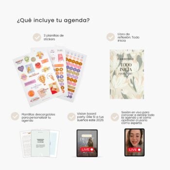 Contenido incluido en la agenda Planifesting 2026: tres planillas de stickers decorativos, libro de reflexión “Todo inicia”, plantillas descargables para personalizar, acceso a la vision board party “Dile sí a tus sueños” y sesión en vivo para aprender a usar la agenda.