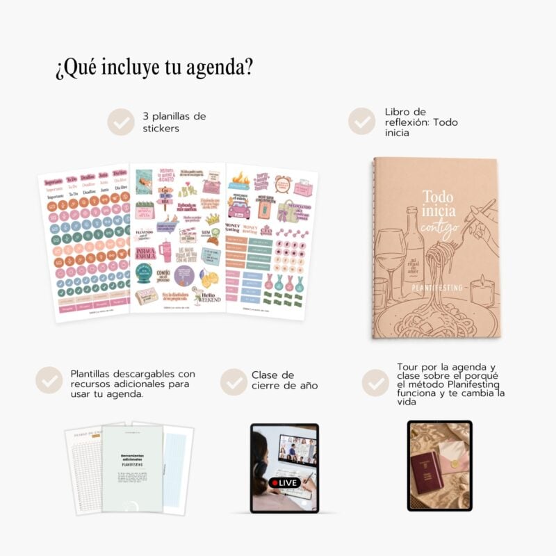 planilla de stickers OREM y libro Todo inicia: todo lo que incluye la agenda Planifesting 2027