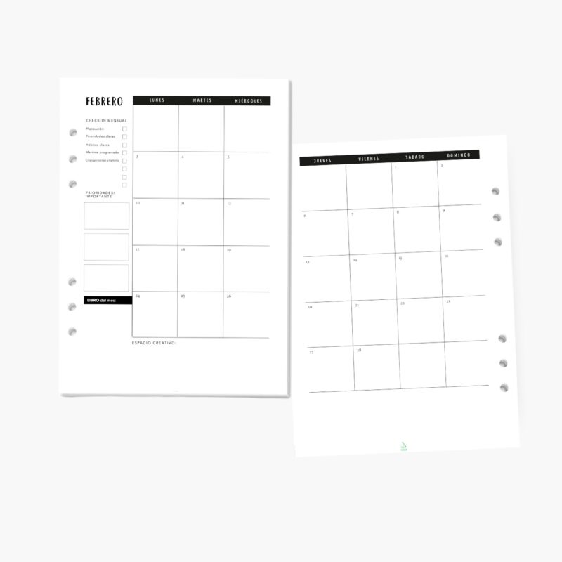 Repuestos de interiores de calendario mensual para agenda carpeta planifesting 2025