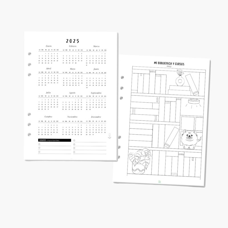 Repuestos de interiores de calendario anual y biblioteca y cursos para agenda carpeta planifesting 2025