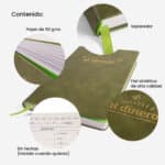 Características y detalles de excelente calidad, tu diario de finanzas personales color verde que necesitas para cumplir tus metas