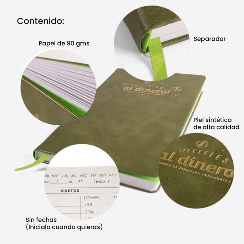 Características y detalles de excelente calidad, tu diario de finanzas personales color verde que necesitas para cumplir tus metas