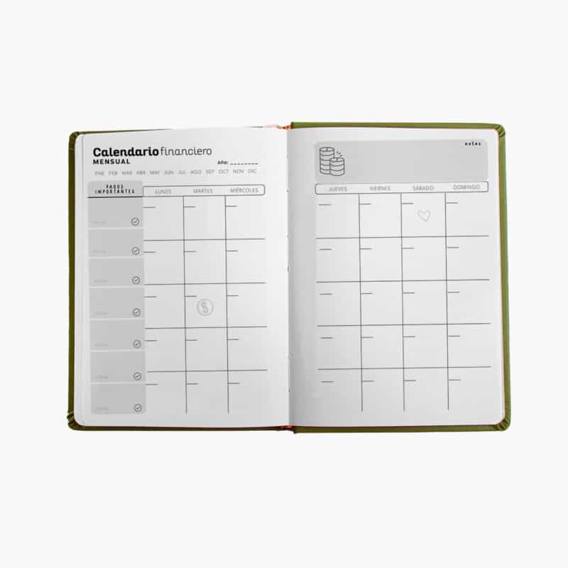 Diario de finanzas personales Yees al dinero OREM con calendario financiero mensual para organizar pagos e ingresos