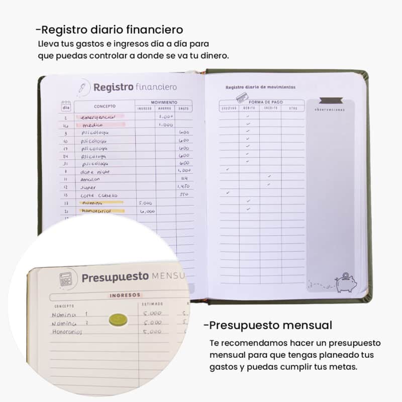 Diario de finanzas personales Yees al dinero OREM color verde con registro financiero diario y presupuesto mensual para organizar ingresos y gastos