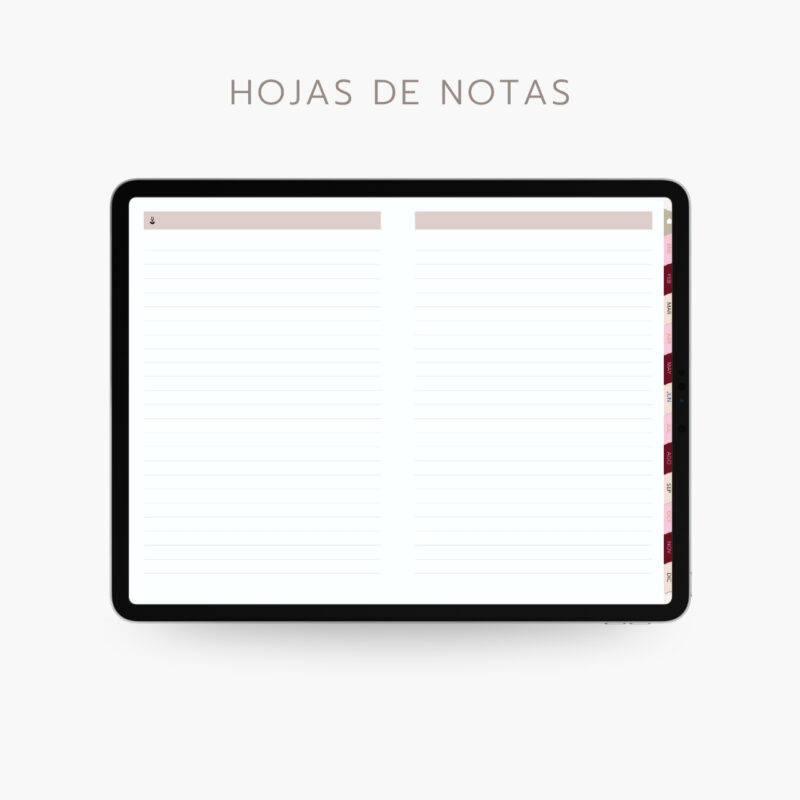 genda digital Planifesting 2027 hojas de notas en blanco con pestañas mensuales laterales, vista en tablet