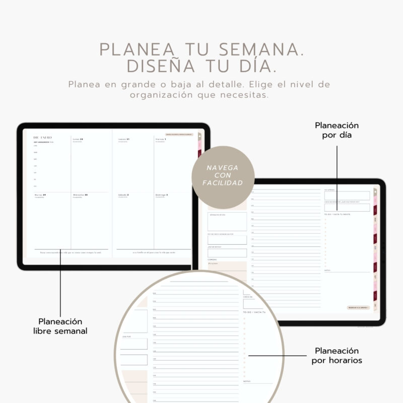 agenda digital Planifesting 2027 con planeación semanal libre y planeación diaria por horarios