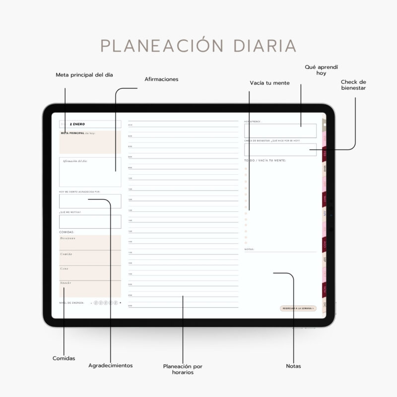 agenda digital Planifesting 2027 desglose de la planeación diaria: meta, afirmaciones, comidas, notas y hábitos