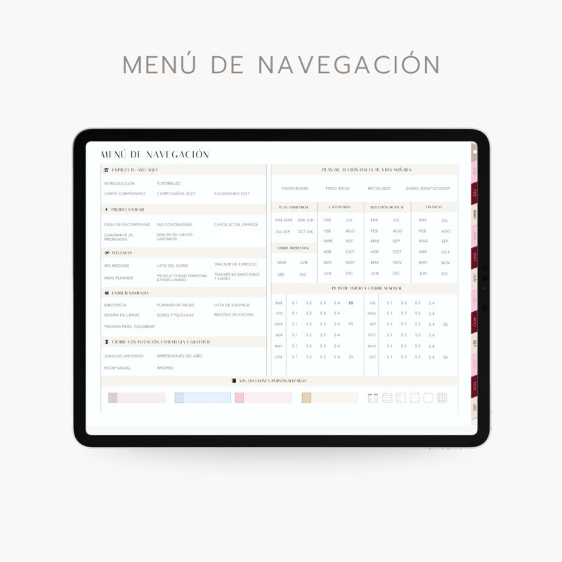 agenda digital Planifesting 2027 menú de navegación con secciones de productividad, wellness y entretenimiento