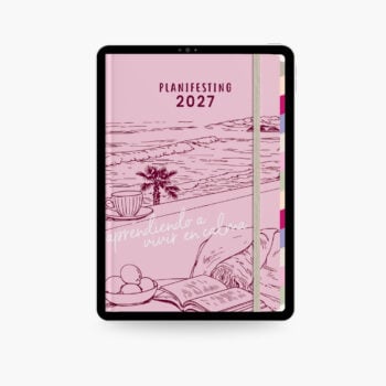 agenda digital Planifesting 2027 portada rosa con playa y frase aprendiendo a vivir en calma en tablet