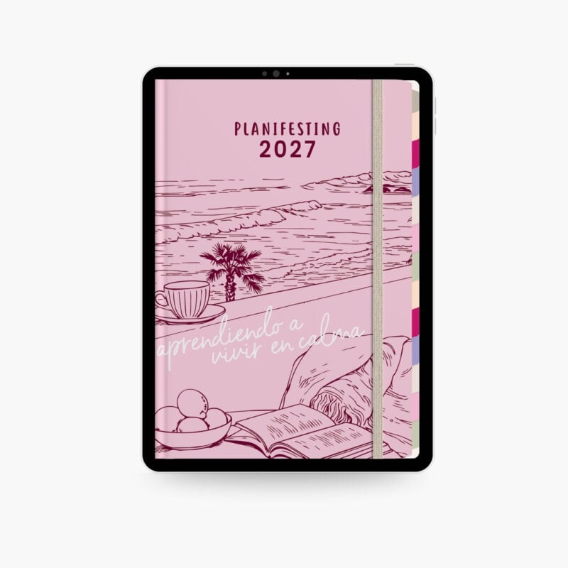 digitalagenda27_WEB (2) agenda digital Planifesting 2027 portada rosa con playa y frase aprendiendo a vivir en calma en tablet