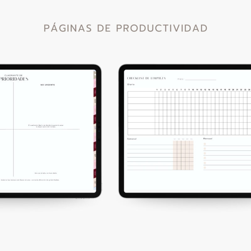 agenda digital Planifesting 2027 páginas de productividad: cuadrante de prioridades y checklist de limpieza