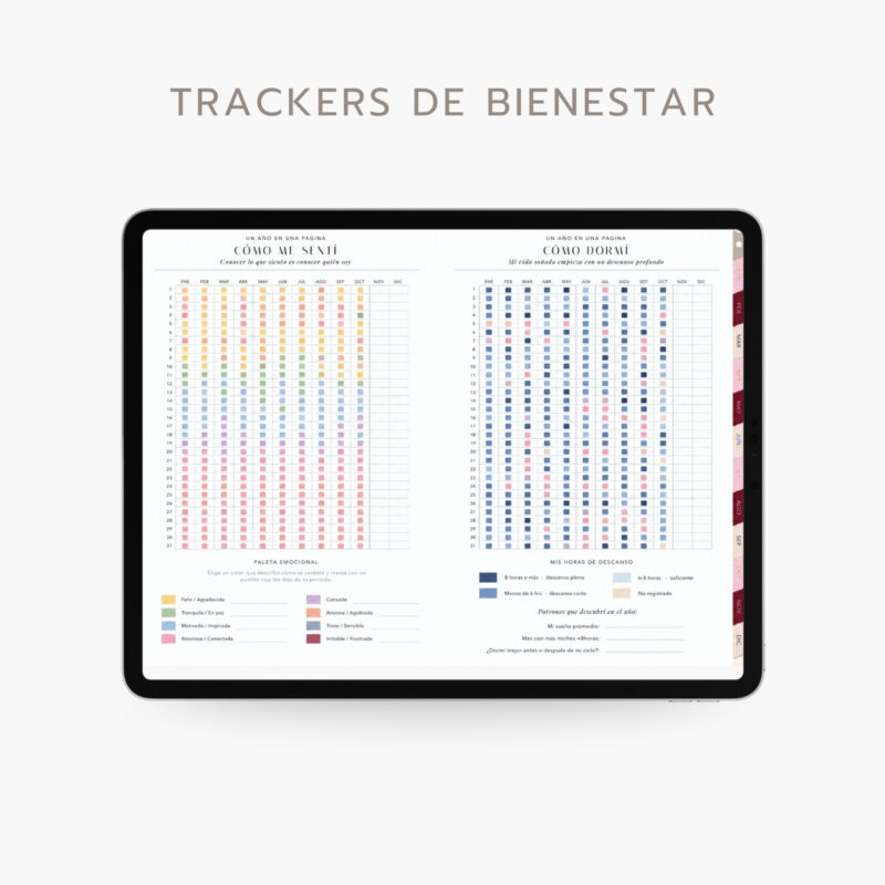 agenda digital Planifesting 2027 trackers de bienestar Cómo me sentí y Cómo dormí con paleta emocional anual