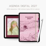 agenda digital Planifesting 2027 interactiva con 350 stickers, portada rosa y separador ilustrado, con lápiz