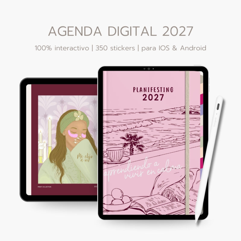 agenda digital Planifesting 2027 interactiva con 350 stickers, portada rosa y separador ilustrado, con lápiz