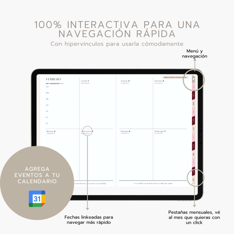 agenda digital Planifesting 2027 interactiva con hipervínculos, pestañas mensuales y vista semanal de febrero