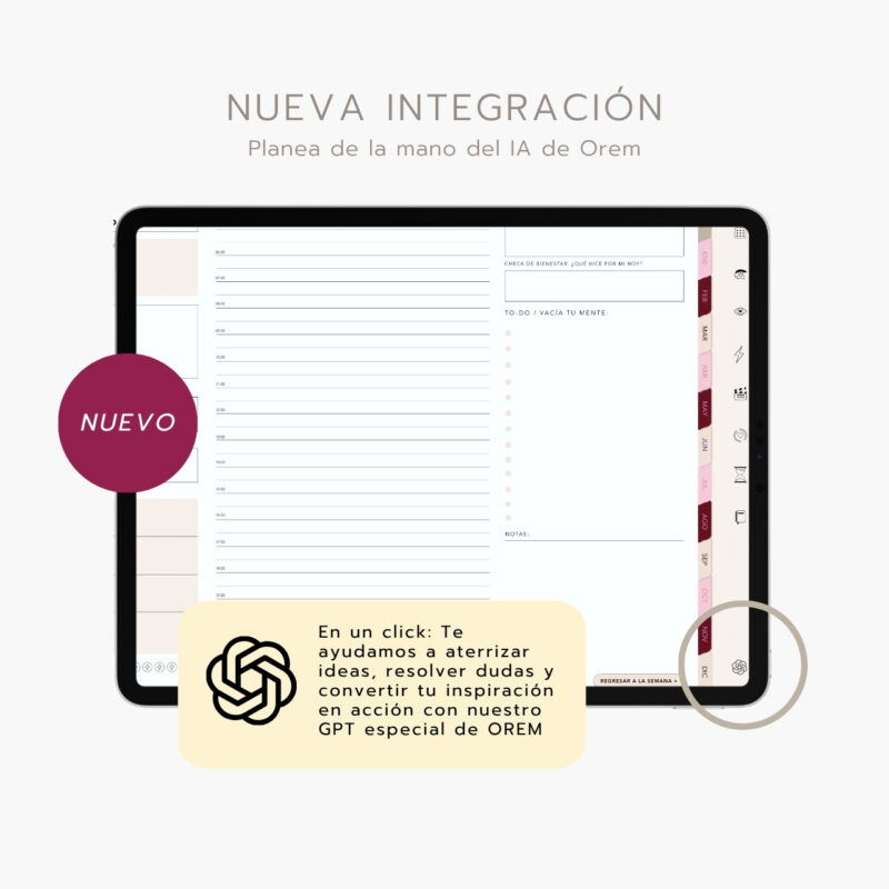 agenda digital Planifesting 2027 con planeación diaria por horarios e integración de asistente de IA de OREM