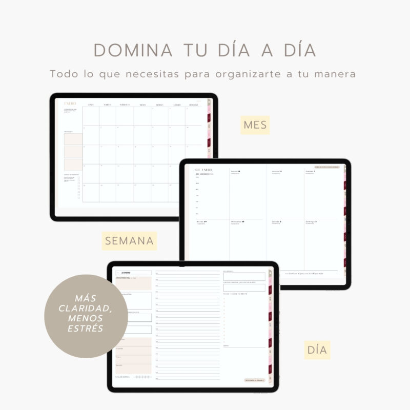 agenda digital Planifesting 2027 en tres vistas de planeación: mensual, semanal y diaria
