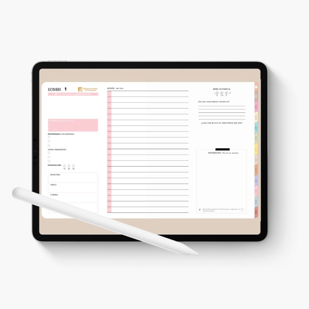 Agenda digital orem, con planeación a un día por hoja