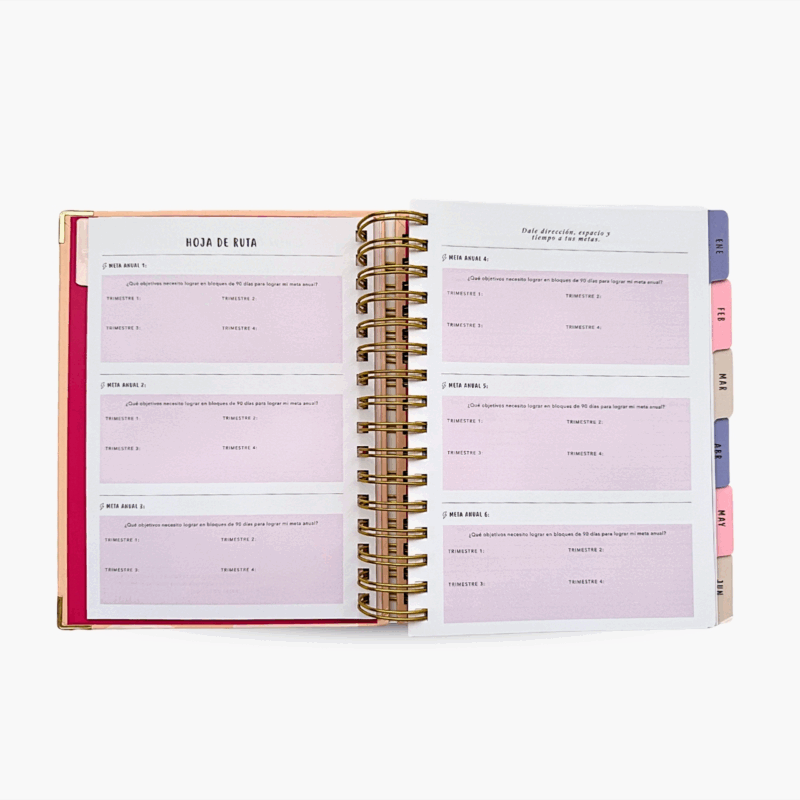 Interior Agenda Planifesting 2026 rosa con morado sección hoja de ruta para metas anuales.