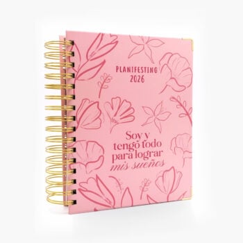 Agenda espiral Planifesting 2026 rosa con flores portada inspiradora