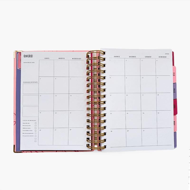 Calendario mensual agenda espiral Planifesting 2026 rosa