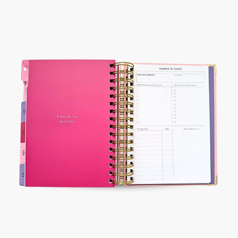 Sección de finanzas de agenda espiral Planifesting 2026 rosa con flores