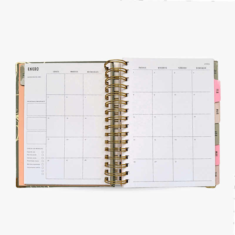 Calendario mensual enero en la agenda espiral Planifesting 2026 verde, diseñado para priorizar actividades y organizar compromisos.