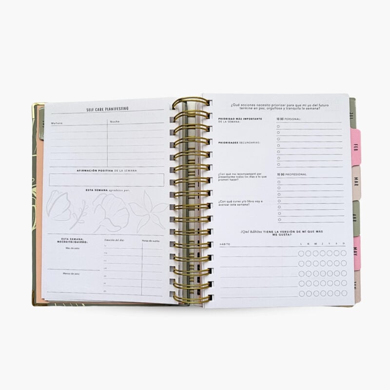 Interior de la agenda espiral Planifesting 2026 verde con sección de autocuidado, afirmaciones positivas y hábitos semanales.