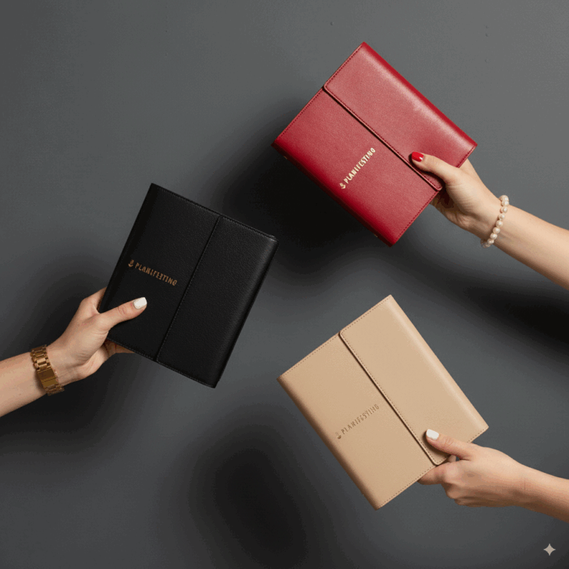 Agendas Planifesting 2026 en colores rojo, negro y beige carpeta piel sintética