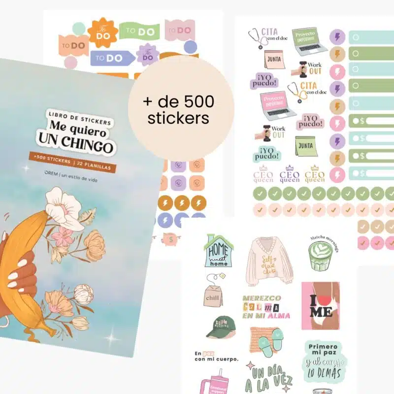 Libro de stickers “Me quiero un chingo” con más de 500 stickers y 22 planillas para organización, frases motivadoras y decoración de agendas 2026.
