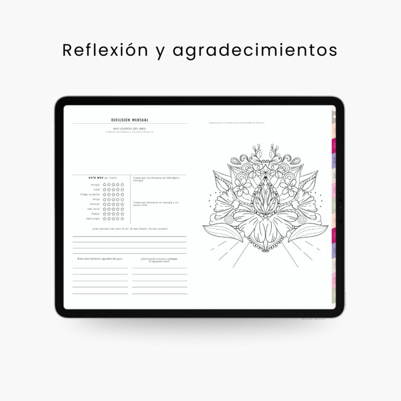 Agenda digital 2026 con páginas de reflexión mensual, gratitud y mándalas