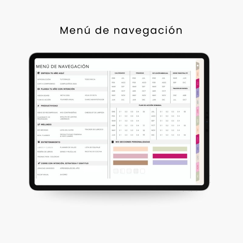 Agenda digital 2026 con menú de navegación interactivo por secciones