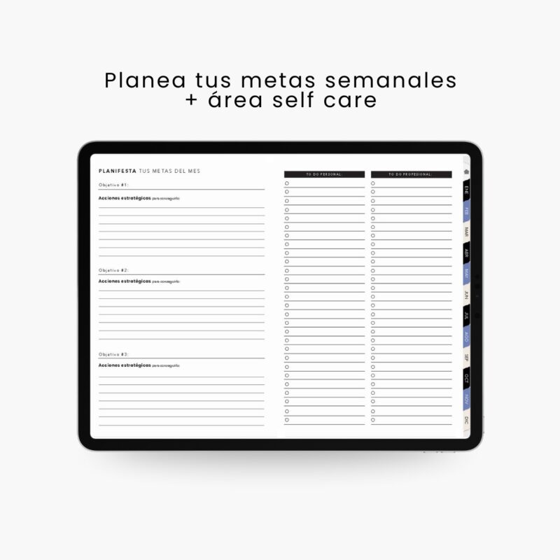 Agenda digital 2026 con planeador de metas semanales y área de autocuidado
