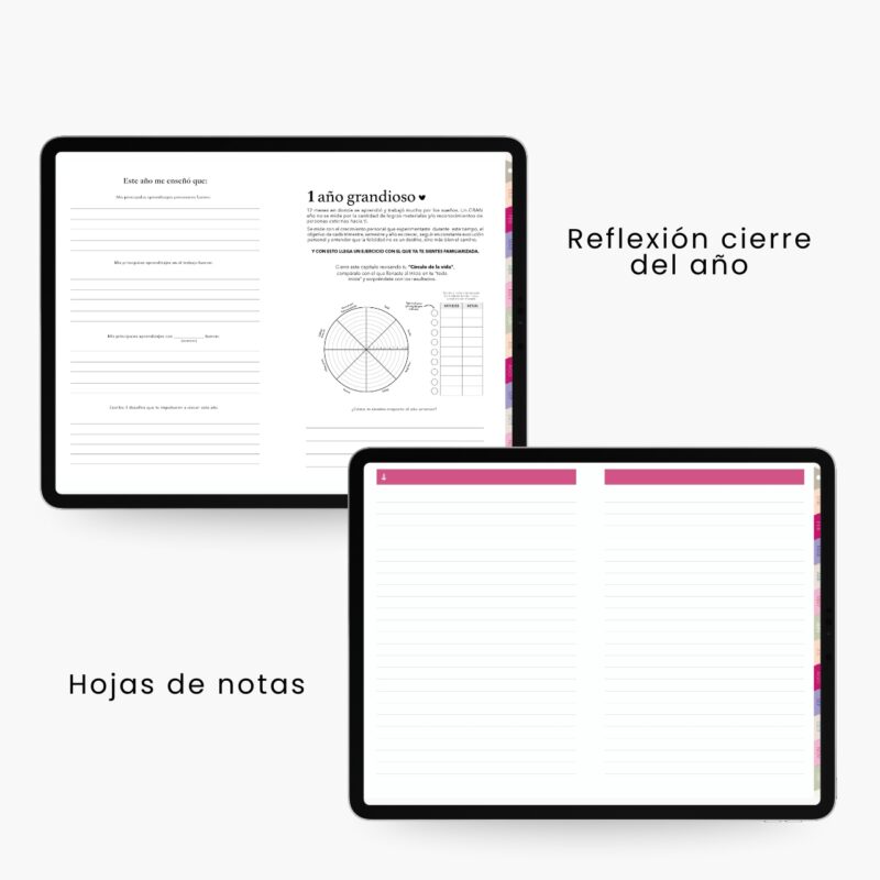 Agenda digital 2026 con sección de reflexión anual y hojas de notas interactivas