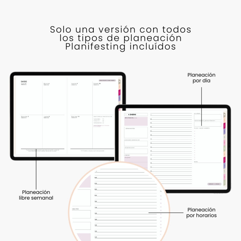 Vista de planeación semanal y diaria Agenda Digital 2026. Solo una versión con todos los tipos de planeación incluidos