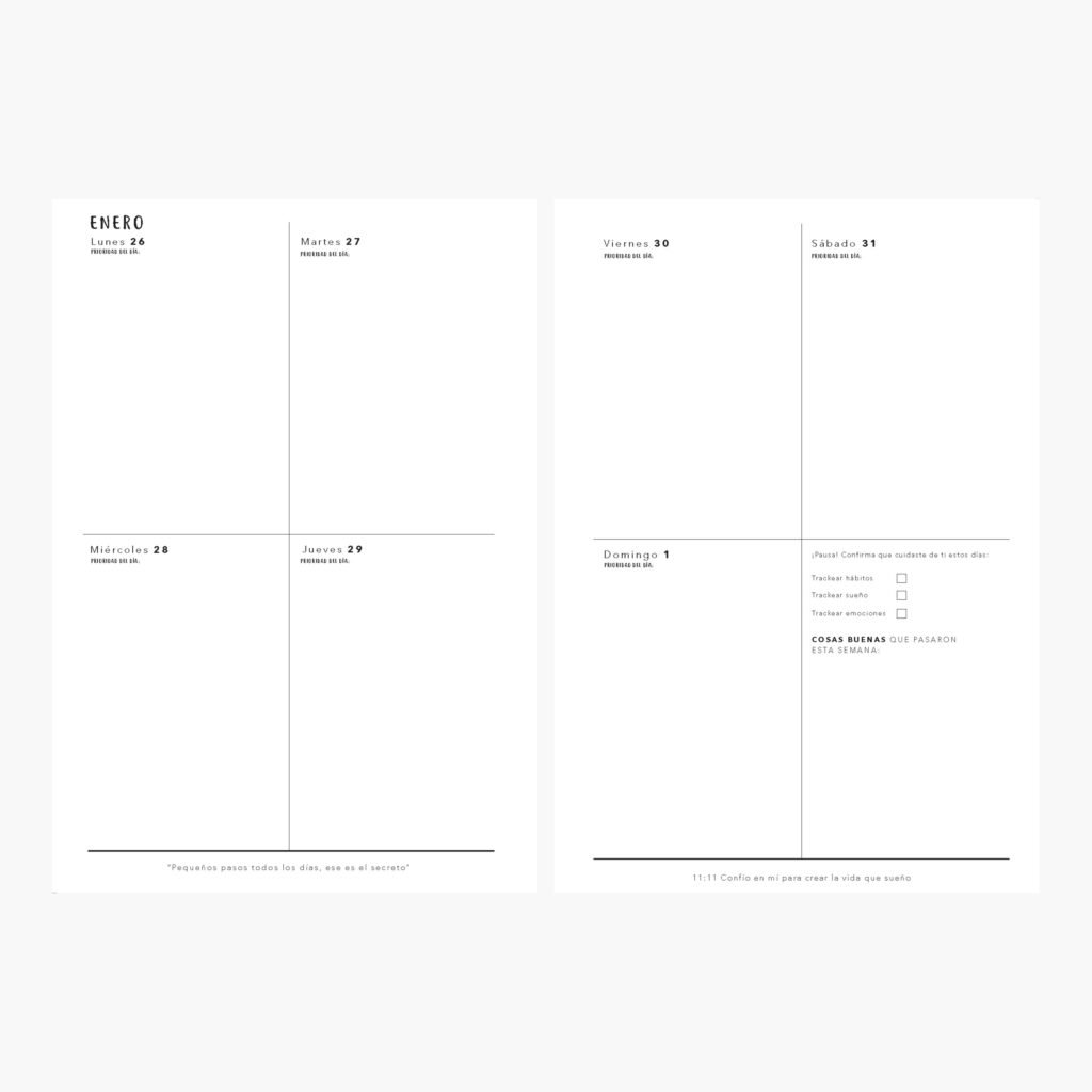 Vista interior de la Agenda Espiral Planifesting 2026 con diseño de planeación diaria sin horarios en bloques amplios. Ideal para organizar prioridades, registrar logros de la semana y reflexionar con frases motivacionales.